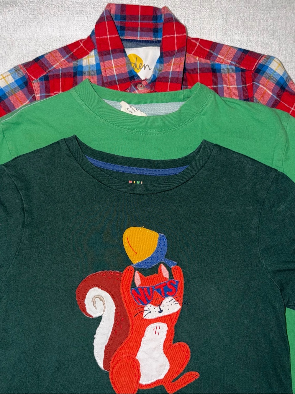 Boden New Red Plaid Shirt and Two Green Tees size 9-10